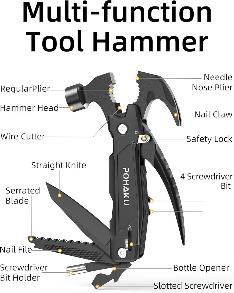 Pohaku 14-in-1 Multitool Hammer, Multitool with DIY Stickers, Safety Lock, Screwdriver Bits Set and Durable Nylon Sheath, Multi Tool for Outdoor, Ideal Gifts for Men, Father, Husband, Boyfriend - Image 5